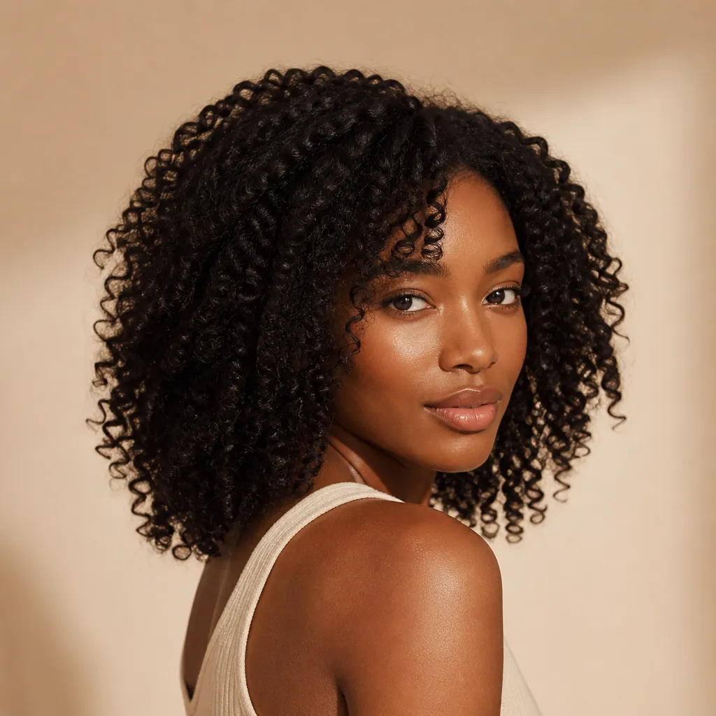 Woman with defined natural curls at shoulder length in warm studio light