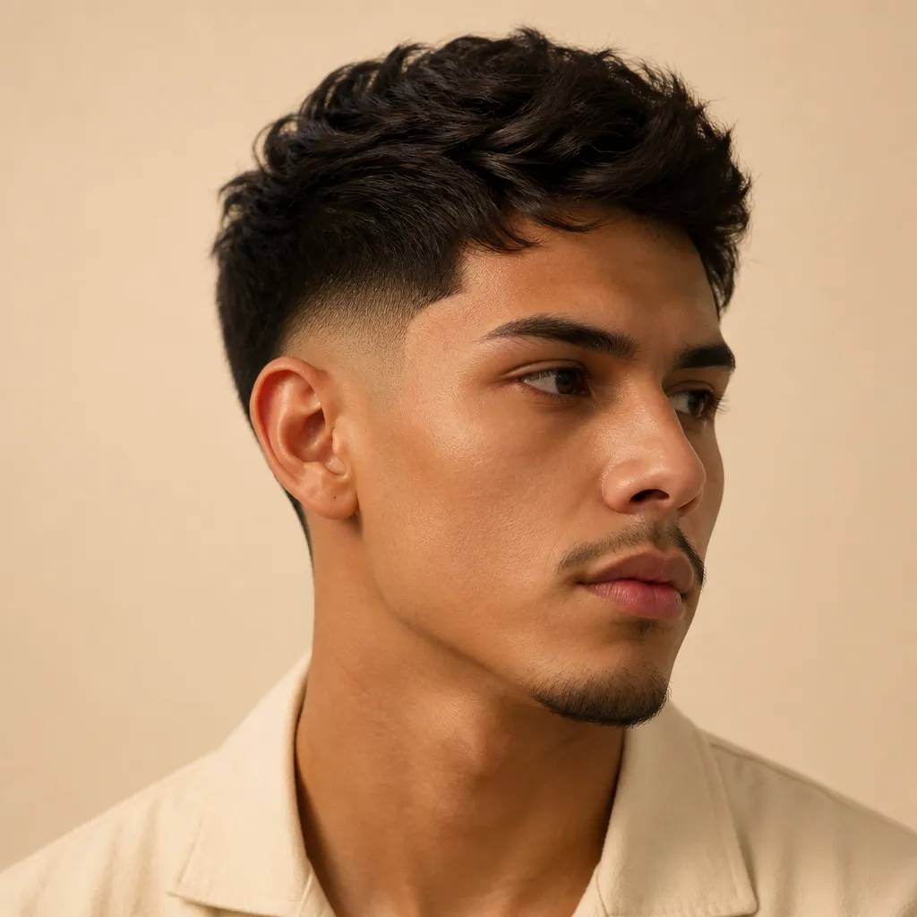 Man with a mid fade and textured length on top in warm studio light