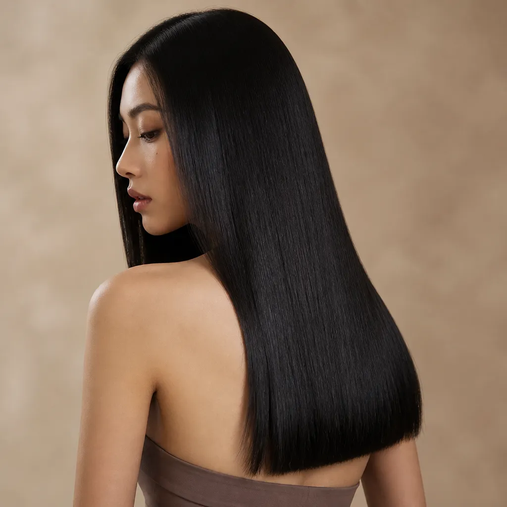 Woman with long straight dark hair, photographed from a three-quarter back view