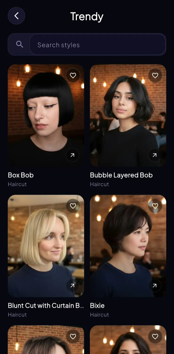 Hairover style library grid showing hairstyle cards such as classic side part, fade pompadour, and ivy league cuts