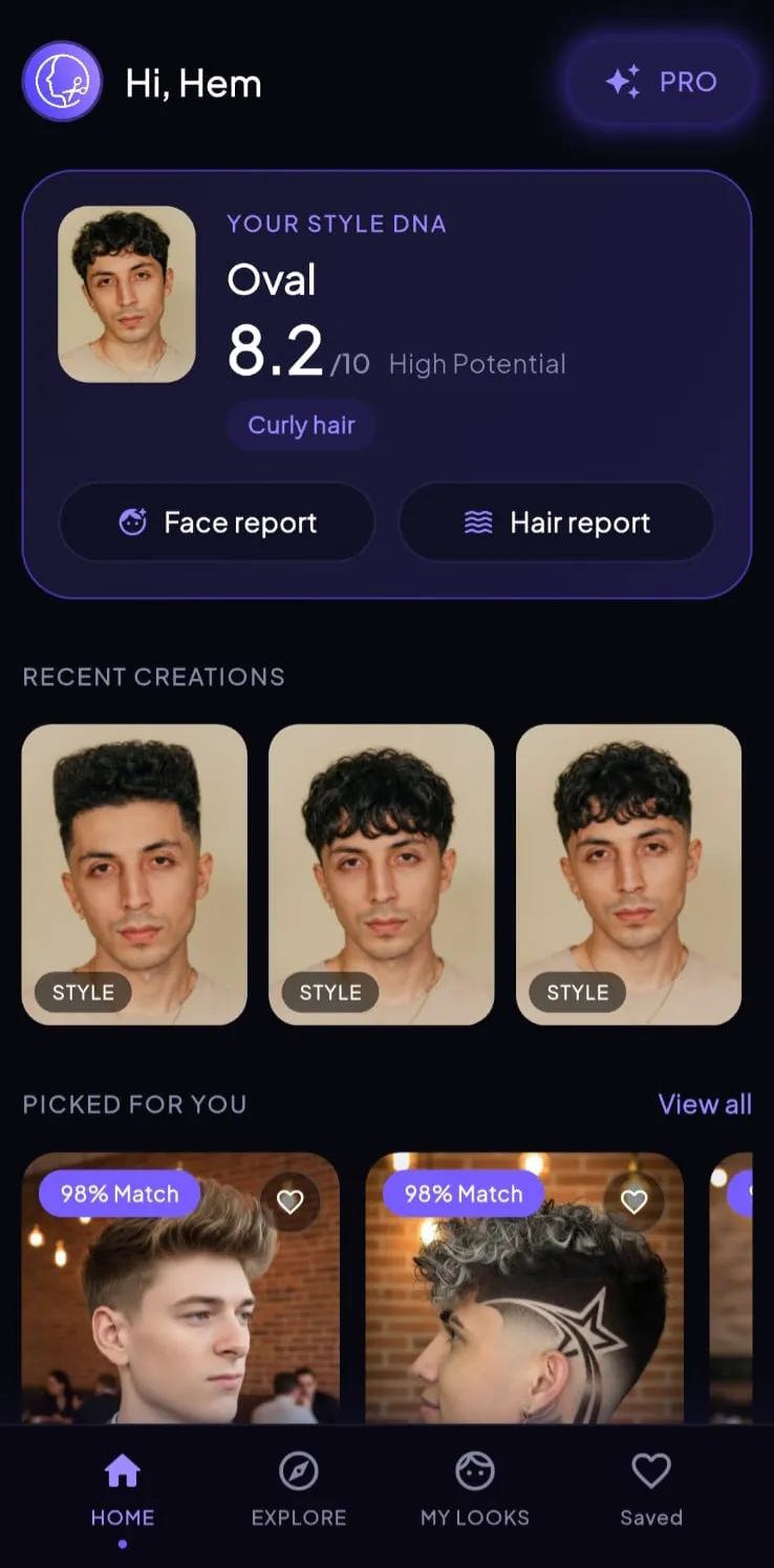 Hairover home screen with personalized hairstyle cards, match scores, and shortcuts to face and hair analysis