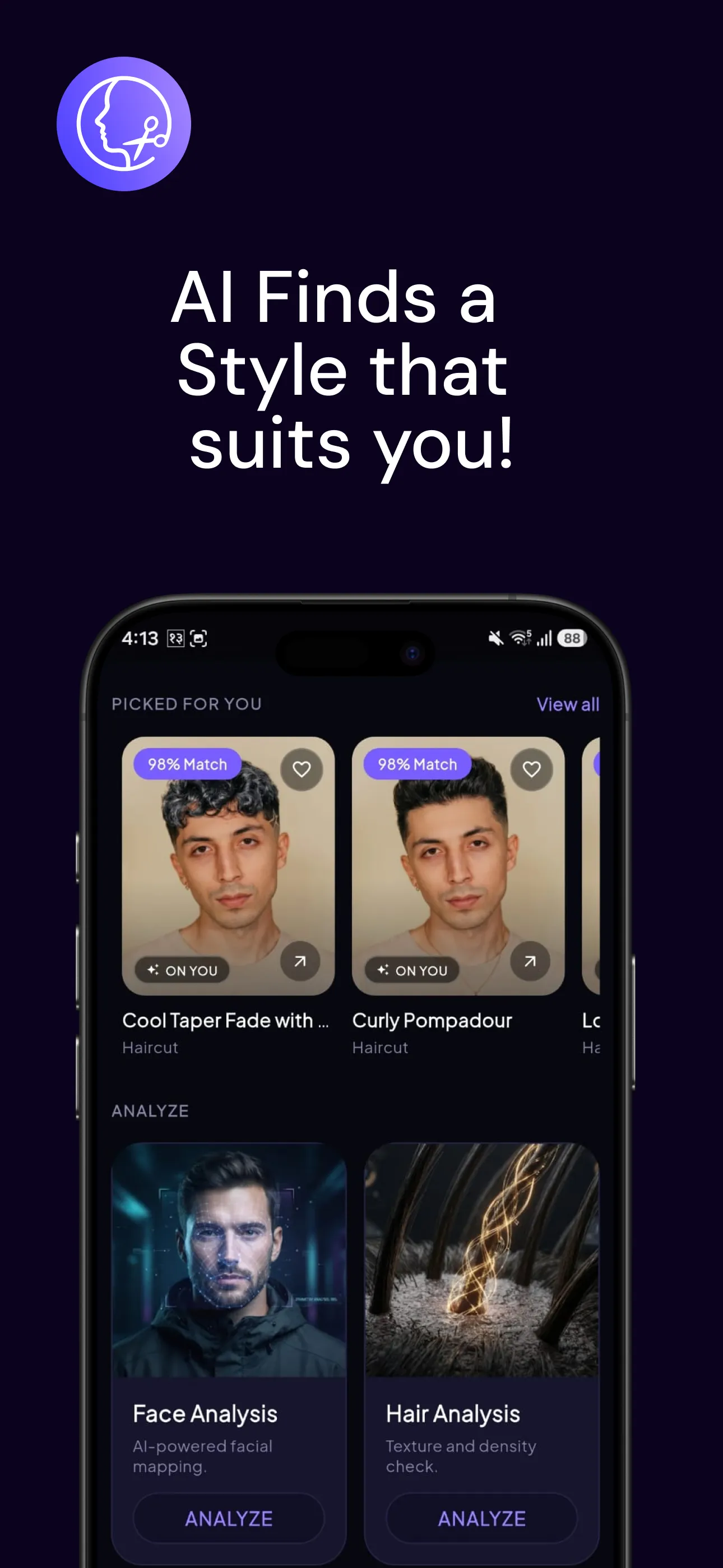 Hairover home screen with picked-for-you hairstyles, match tags, and face and hair analysis