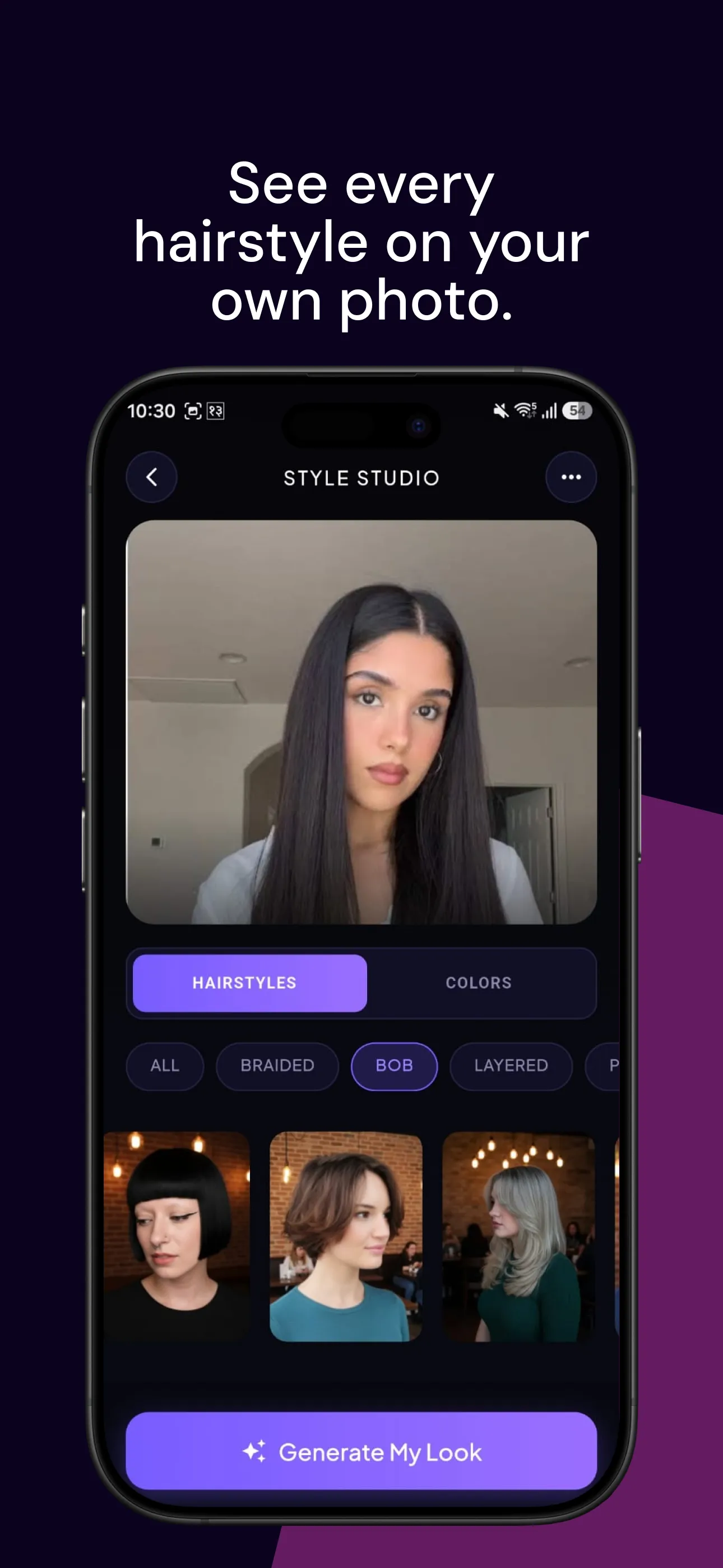 Hairover Style Studio showing hairstyle try-on on a user’s photo
