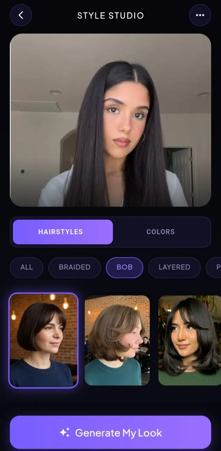 Hairover Style Studio showing hairstyle try-on on a user’s photo, with hairstyle and color toggles and a generate look button