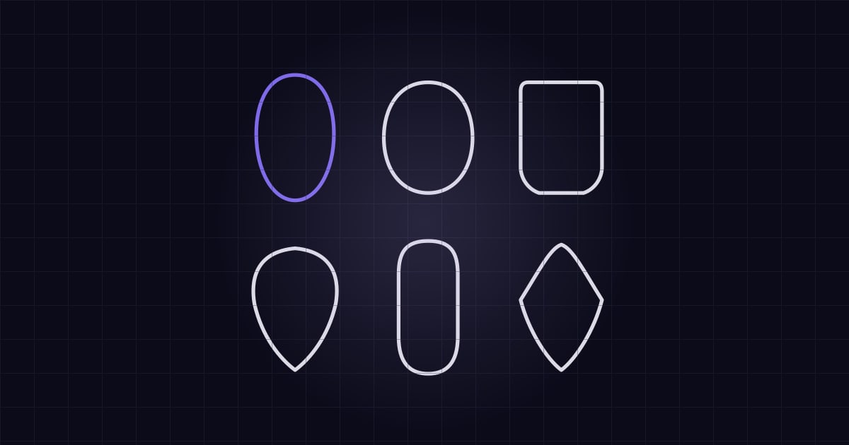 Six face outlines side by side: oval, round, square, heart, oblong and diamond