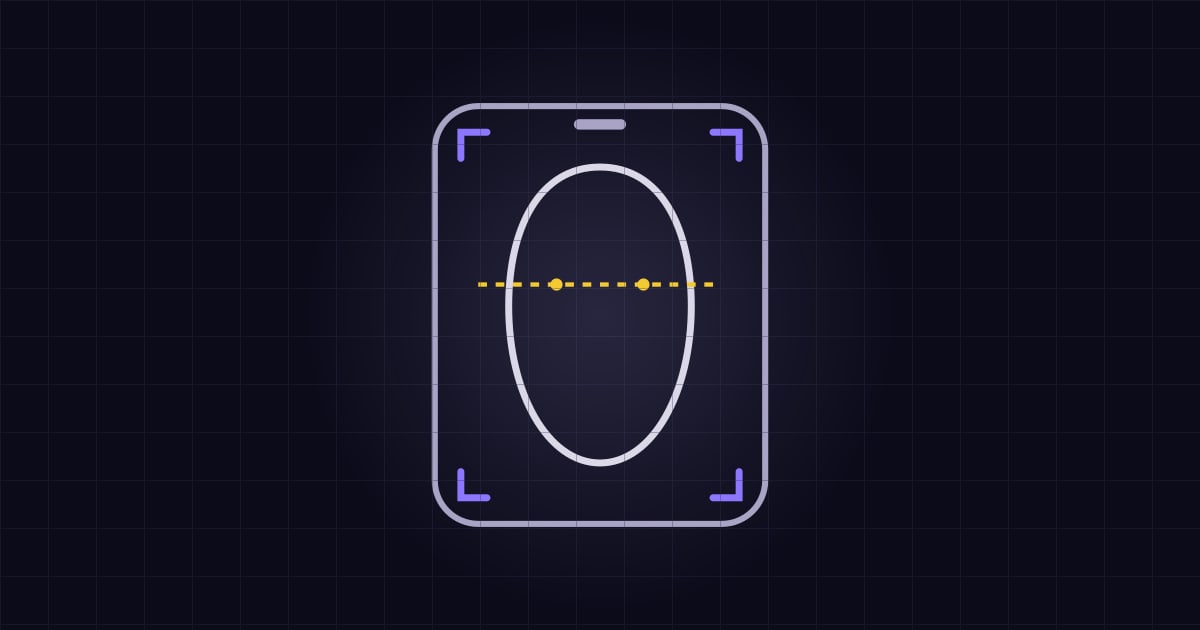 Phone screen framing a face outline, with corner guides and a level line at eye height